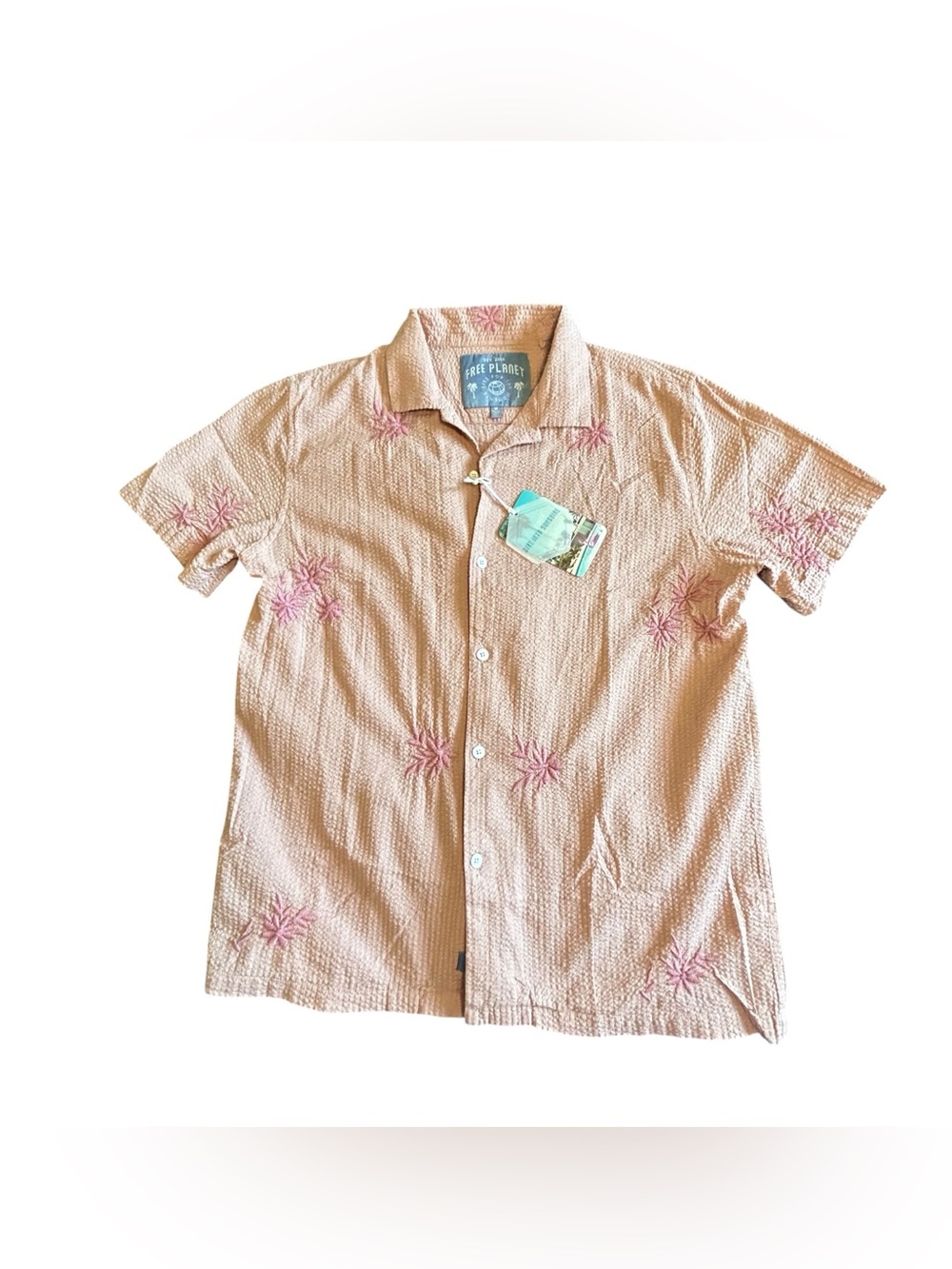 Free Planet Men’s Mauve Short-Sleeve Button-Down with Pink Embroidery